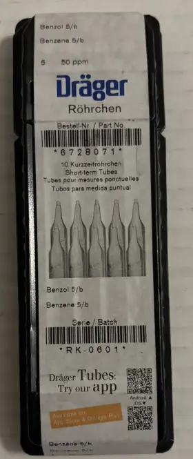 6728071 Drager Tube Benzol 5/b Benzene 5-50ppm New Exp 05/2025