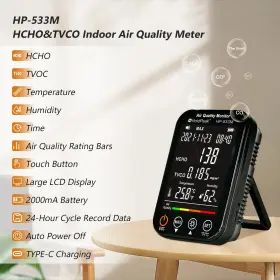 Hp-533m Holdpeak Hcho Tvoc Detector Air Quality Monitor Indoor Temp Humidity Meter Alarm